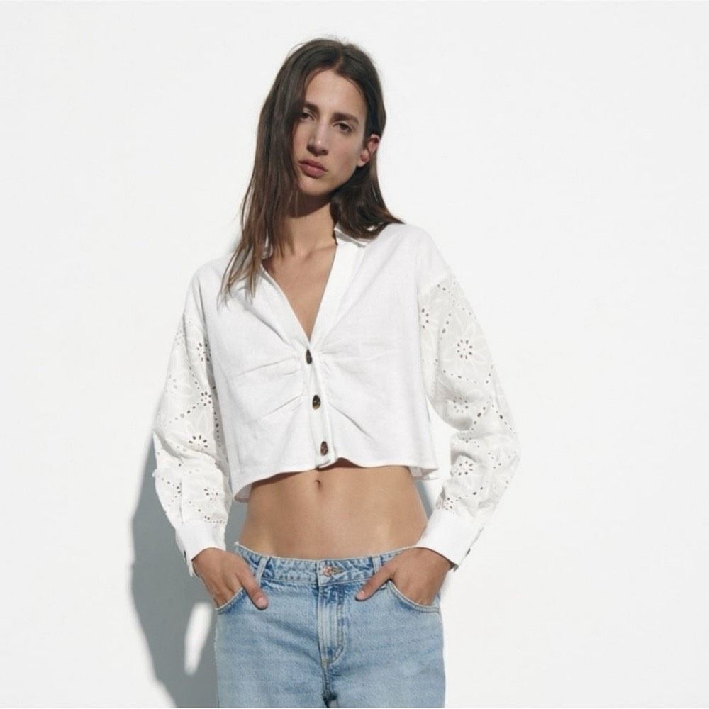 ZARA White Linen Blend Eyelet Long Sleeve Crop Top Size M
